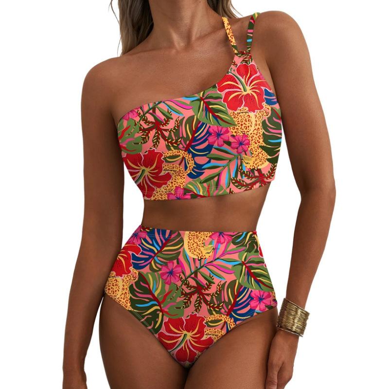 "Floral One-Shoulder Bikini Set - Vibrant High-Waist Swimwear for Summer"