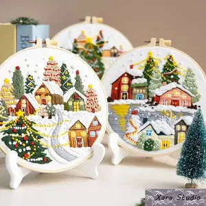 2026 New Cross-Border Christmas DIY Embroidery Kit Craft Set – Christmas Hand Embroidery Materials Pack, Festive Needlework Starter Kit with Threads & Hoop, Beginner-Friendly Holiday Home Decor & Gift Idea