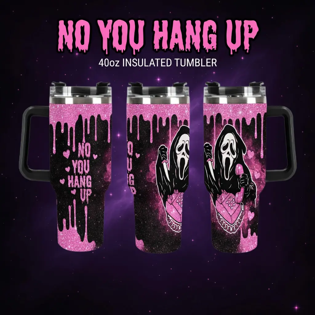 40oz Tumbler With Handle Pink Glitter Drip Spooky Ghost Horror Design Insulated Stainless Steel Travel Mug No You Hang Up Gothic Halloween Water Cup Gift For Horror Lovers