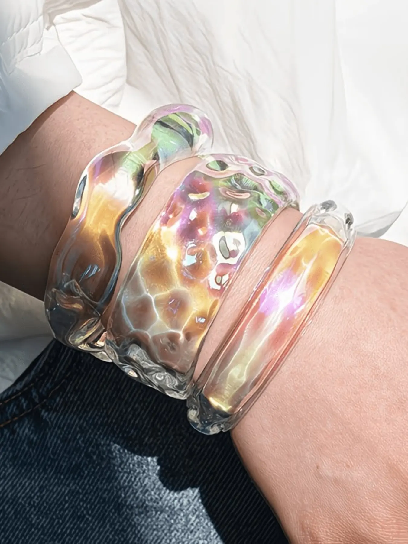 3Pcs Iridescent Resin Bangle Set for Women, Chunky Transparent Stackable Bracelets, Minimalist Statement Jewelry, Beach Vacation Accessories, Y2K Aesthetic, Mermaidcore