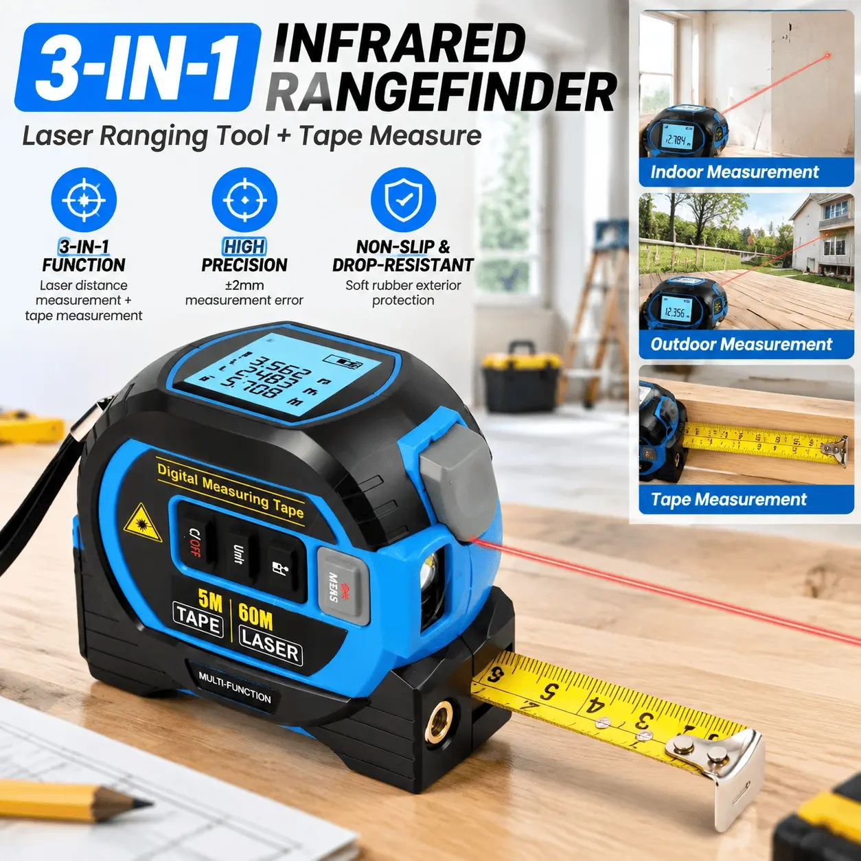 1PC Rechargeable Laser Measure, Silicone Digital Distance Meter, 2mm, for Distance and Alignment Measurement, Laser Measuring Tool