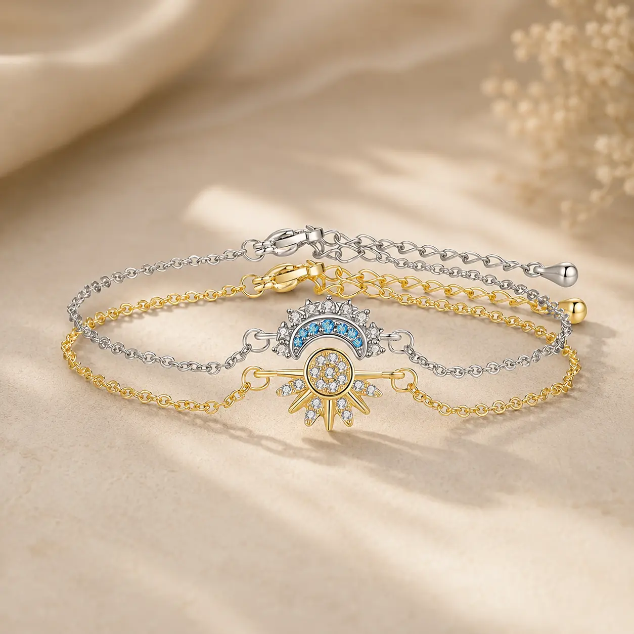 Magnetic Sun & Moon Matching Bracelet & Necklace Set for Best Friends, Sisters or Couples, Stackable Gold Sun Bracelet & Blue Moon Jewelry, Meaningful Summer Gift