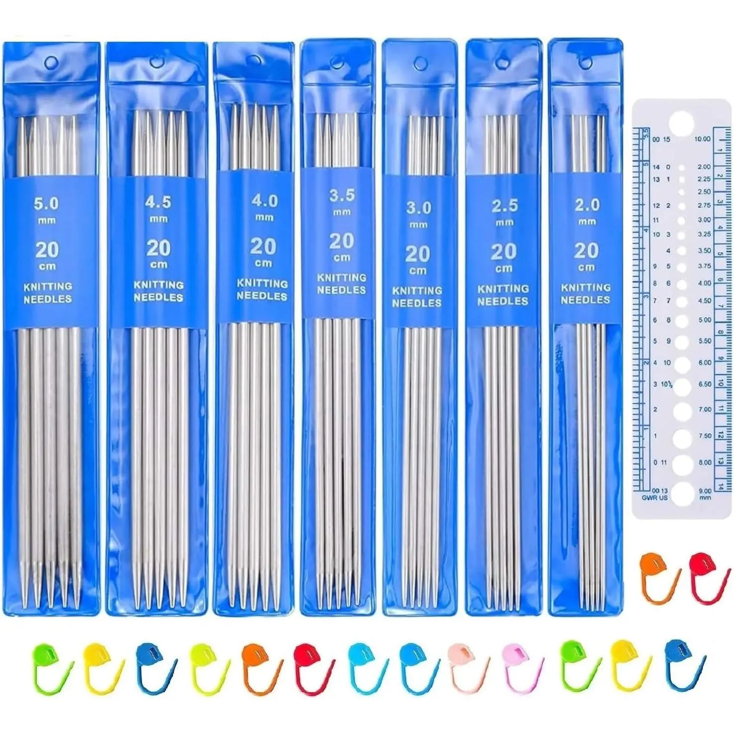 35 count Double Pointed Knitting  Set, 2.0-5.0mm | 7 Size Knitting  with 40 count Plastic Colored  Markers for for Weaving Project Beginner Long 20cm