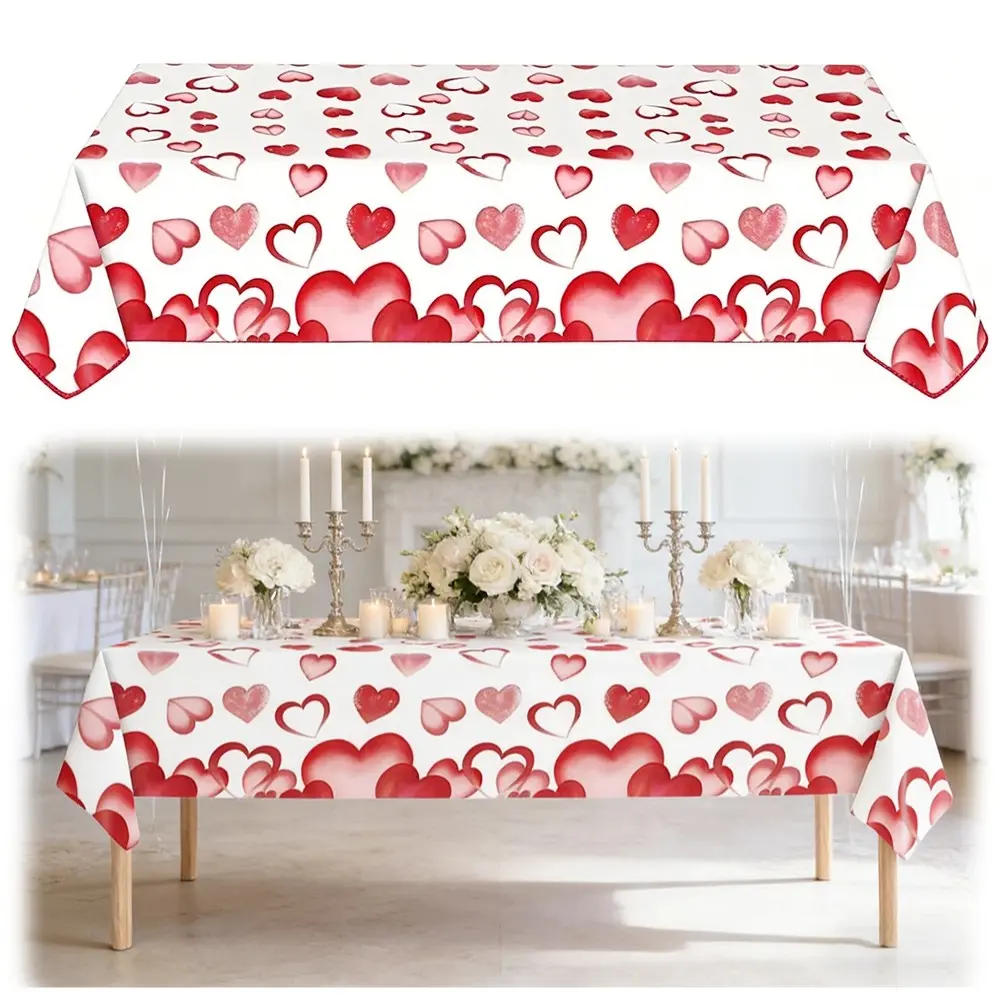 2Pcs Romantic Heart Plastic Tablecloth, Waterproof Kitchen Dining Table Cover Engagement Bridal Shower Sign-in Table Couples Birthday Dinner Disposable Tablecloth Rectangle Love Theme Party Tablecloth