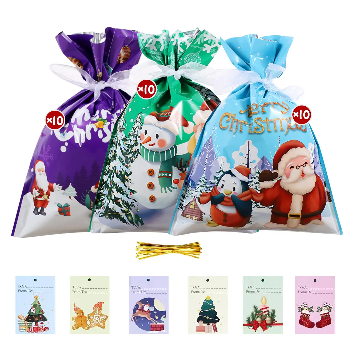 Christmas Gift Bags Bulk 30 Pack – 24x32cm Santa Snowman Tree Design Drawstring Bags with Greeting Cards, Holiday Party Favors Candy Treat Bags for Xmas Gifting