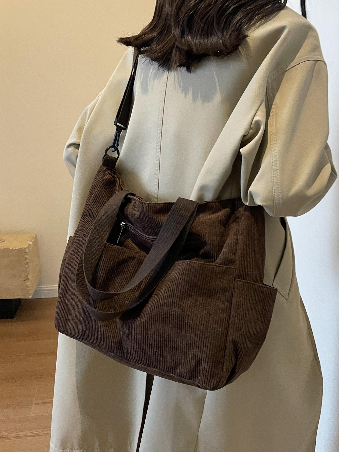 Trendy Corduroy Tote Bag, Women's Solid Color Large-Capacity Durable Shoulder Bag for Daily Use, Casual Matching School Bag for Outdoor Activities