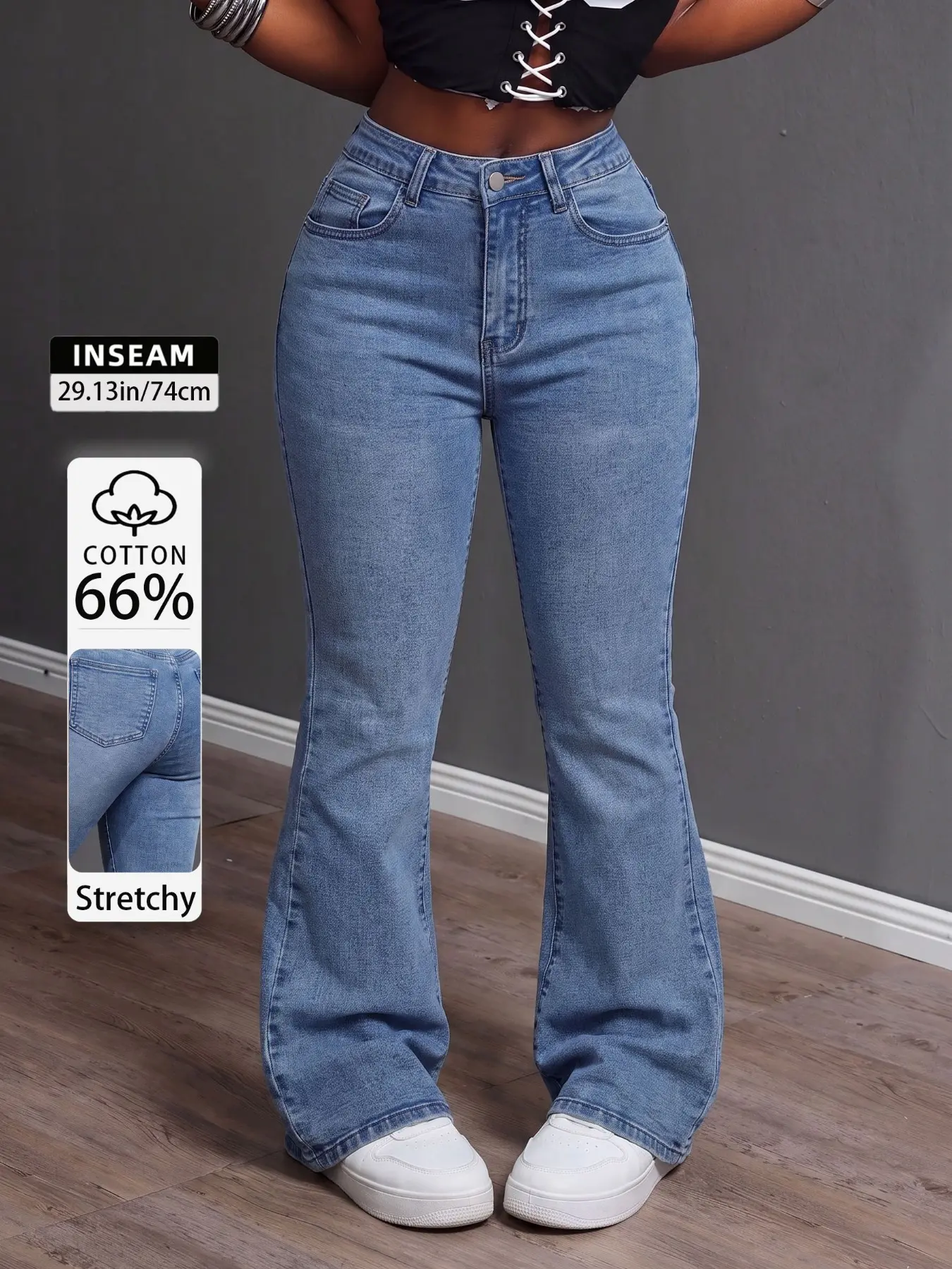 New Mid-Rise Slim Fit Flare Jeans, High Stretch Snow Wash Denim, Slimming & Shaping Design for Everyday Wear