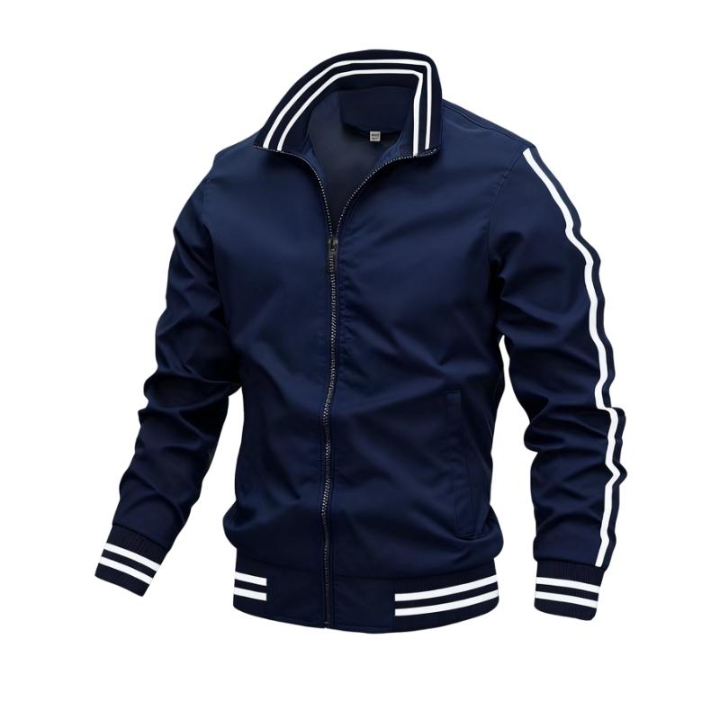 Men's Sporty Zip-Up Jacket with Stand Collar Stripe Accents Full-Zip Woven Shell Practical Side Pockets Ribbed Cuffs Hem