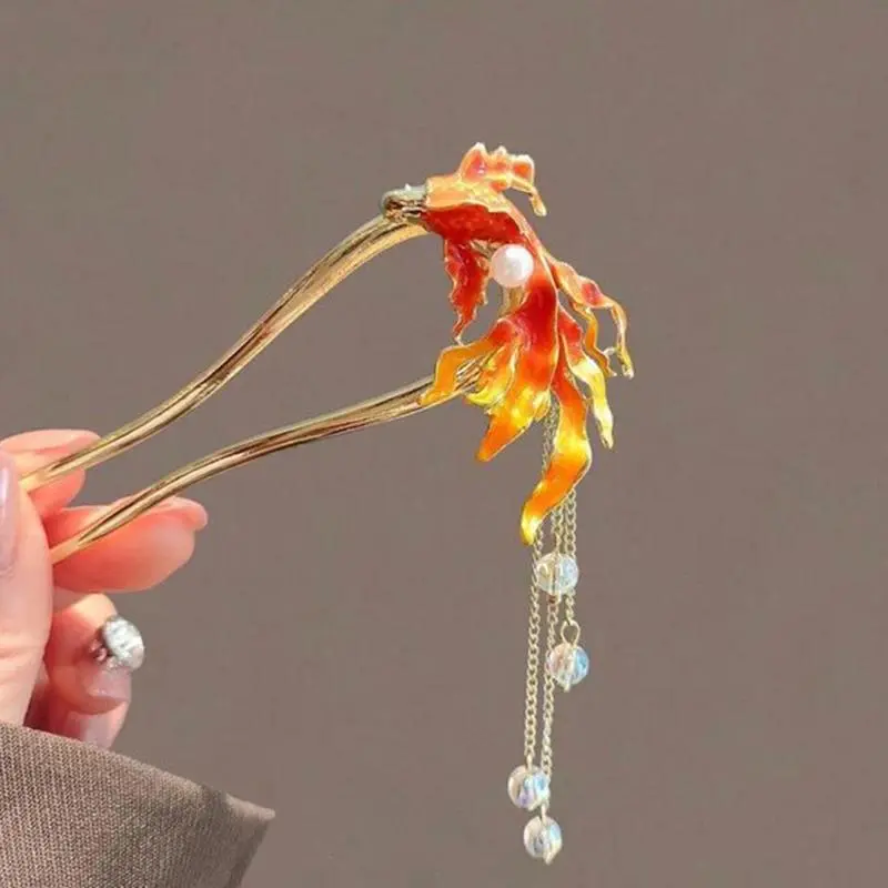 U Shape Chinese Style Red Fish Hair Sticks for Women Tassel Beads Hairpin Hanfu Wedding Glitter Jewelry Hair Accessories