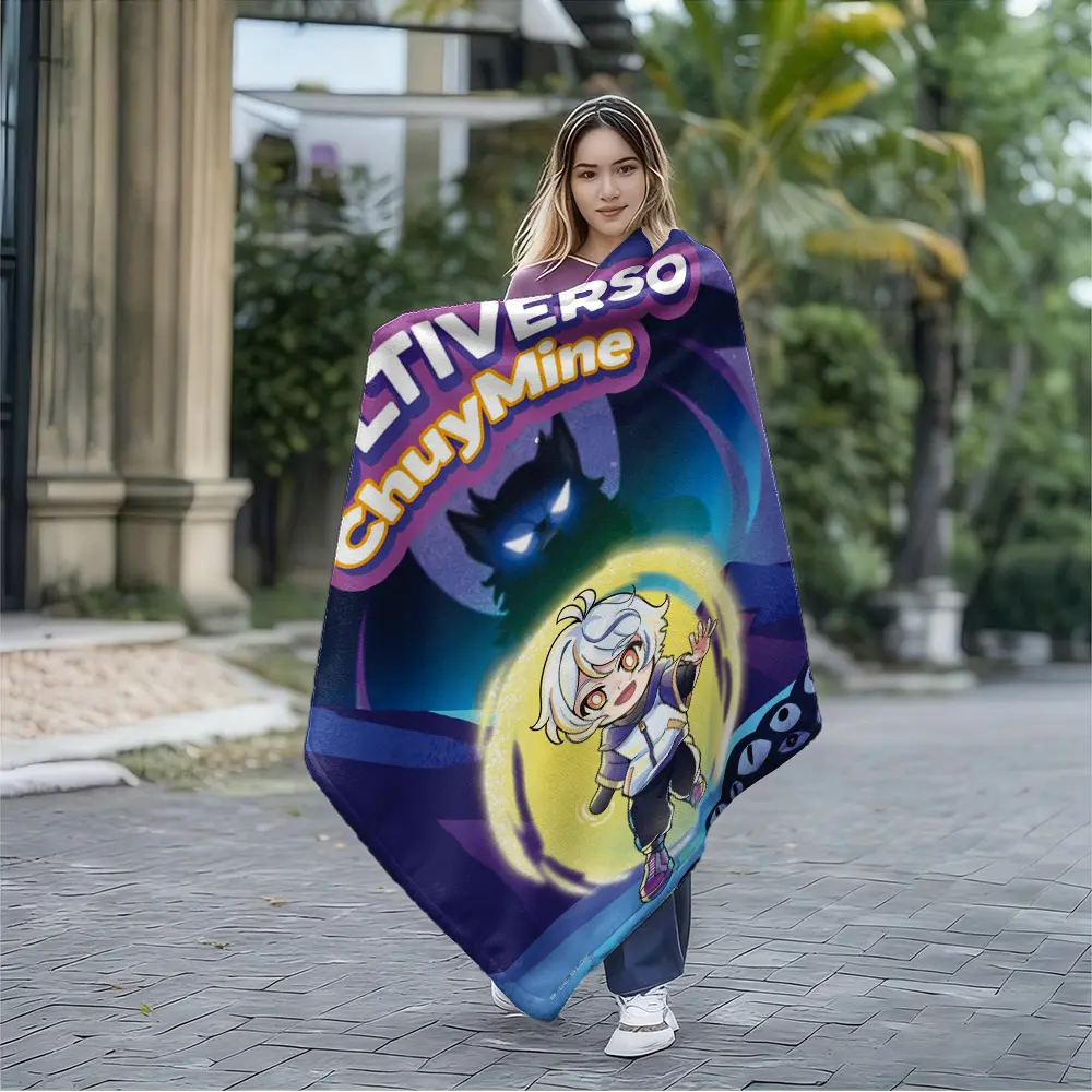 ChuyMine Ltiverso Cute Chibi Cartoon Throw Blanket Gradient Purple Blue Galaxy Starry Night Background Adorable White Hair Chibi Boy Standing Inside Glowing Yellow Aura Ring Dark Shadow Black Wolf Monster Silhouette Bold Gradient Bubble Decorative Title T