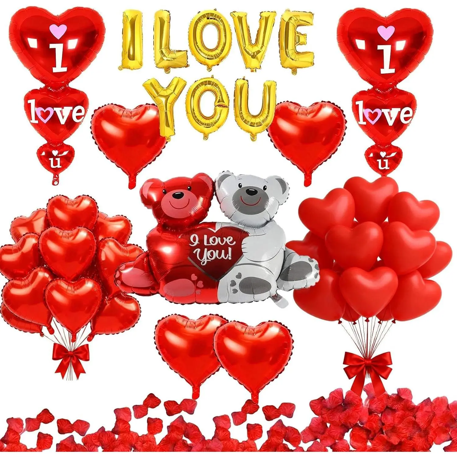 Valentines Decorations Balloon Kit with I Love You,Love Teddy  &  Balloons, 1000 count Silk Rose Petals for Valentines Day Proposal Wedding Anniversary Galentines Party Décor