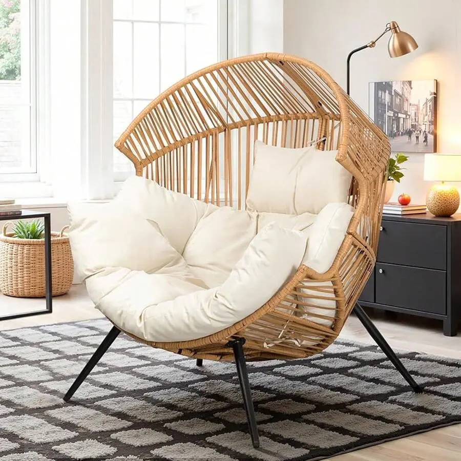 Oversized PE Rattan Wicker Rocking Chair with Cushion - 350lb Capacity Round Shape Patio Chair for Outdoor Backyard, Indoor Living Room (Beige), Patio Chairs