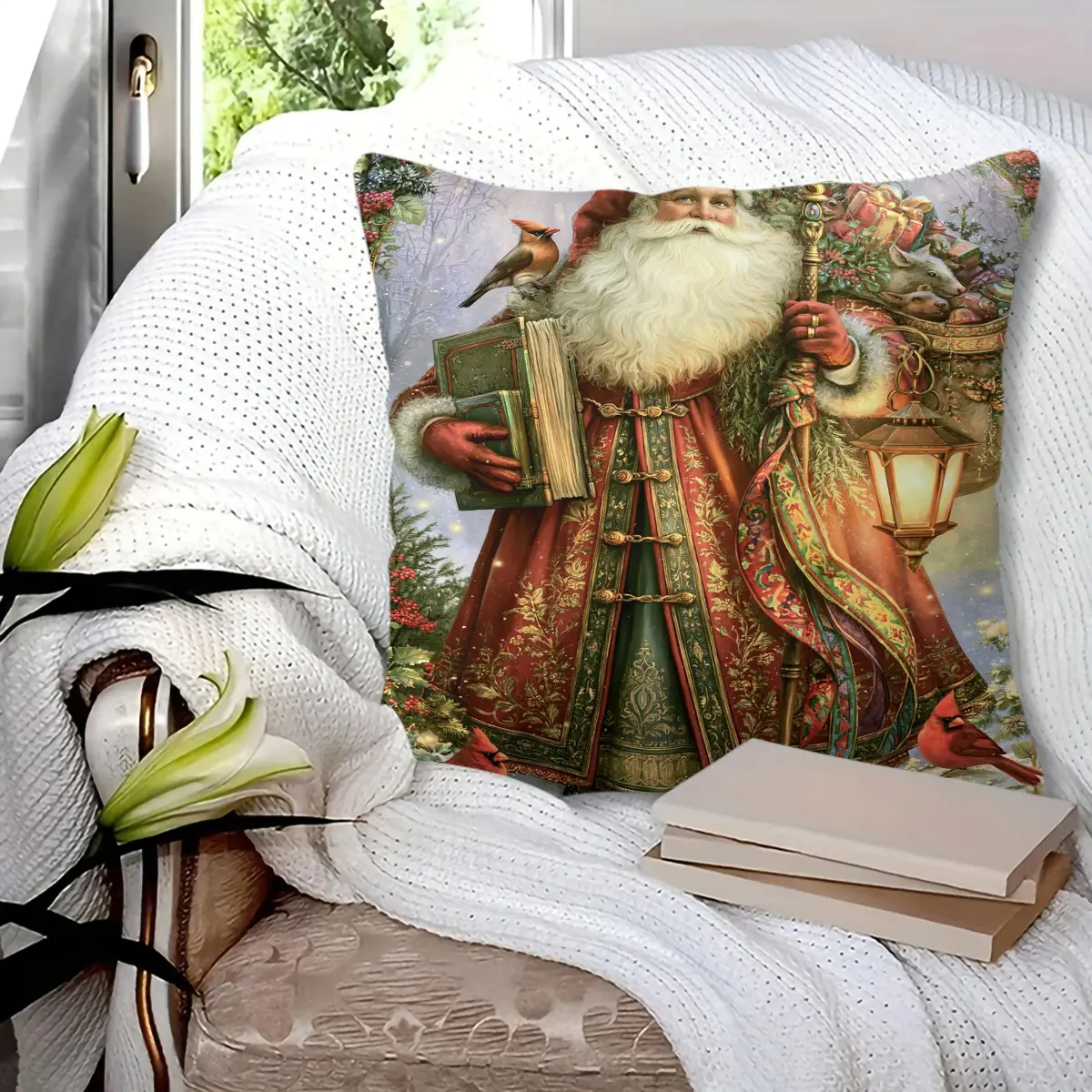 45x45cm 1Pc Vintage Santa Claus with Cardinal Birds Throw Pillow, soft fluffy durable decorative cushion, perfect for living room bedroom sofa couch decor, ideal Christmas holiday gift, brings warm festive atmosphere to your home, includes pillow in