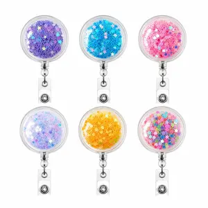 Colorful Star Glitter Floating Badge Roll, Transparent Round Shiny Name Tag Holder, Ideal for Nurses, Teachers, Students, Office Gifts, Randomly Sent