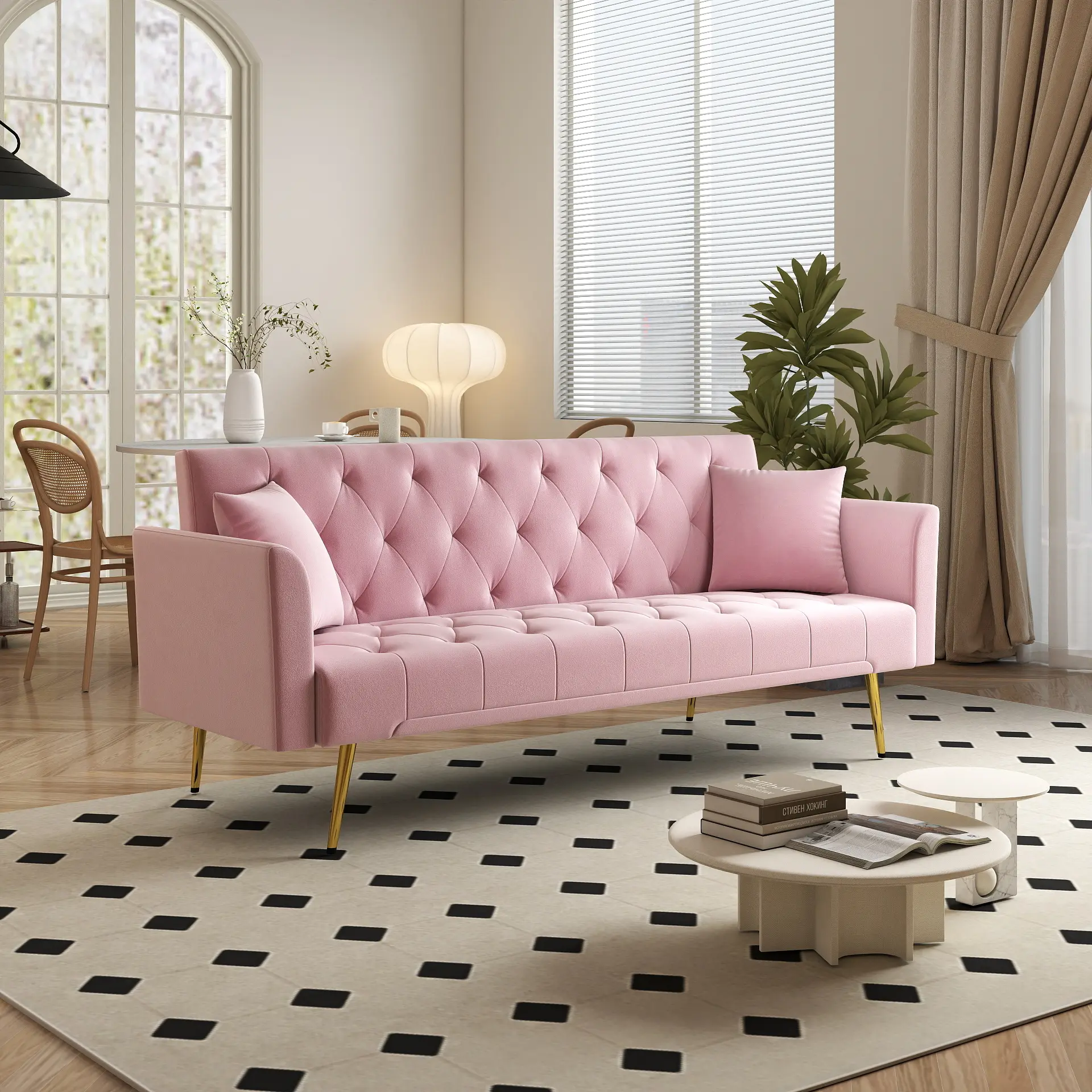 ARCH Convertible Sleeper Sofa Bed 72 Inch Foldable Sofa Couch with Tufted Backrest, Pink Velvet Upholstered, 3 Adjustable Positions, Metal Legs, for Small Living Room Bedroom Office, American Traditional Style, Pink Color Options, Velvet Material