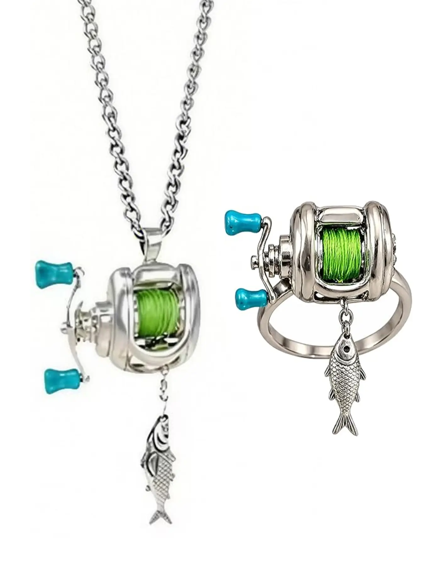 Luxury Fishing Reel Necklace Ring Set, Rotatable Detachable Design, Elegant Silver Color Accessories, Perfect Gift for Fish Lovers