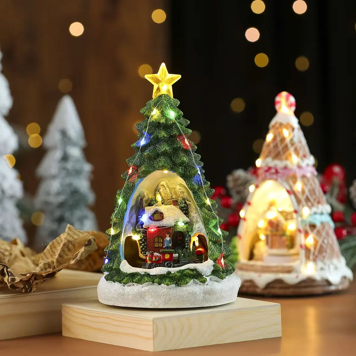 Resin Hollow Christmas Tree Music Box, Warm Light, Snow Scene Train, Rotating Octave Box, Christmas Desk Decor, Holiday Gift