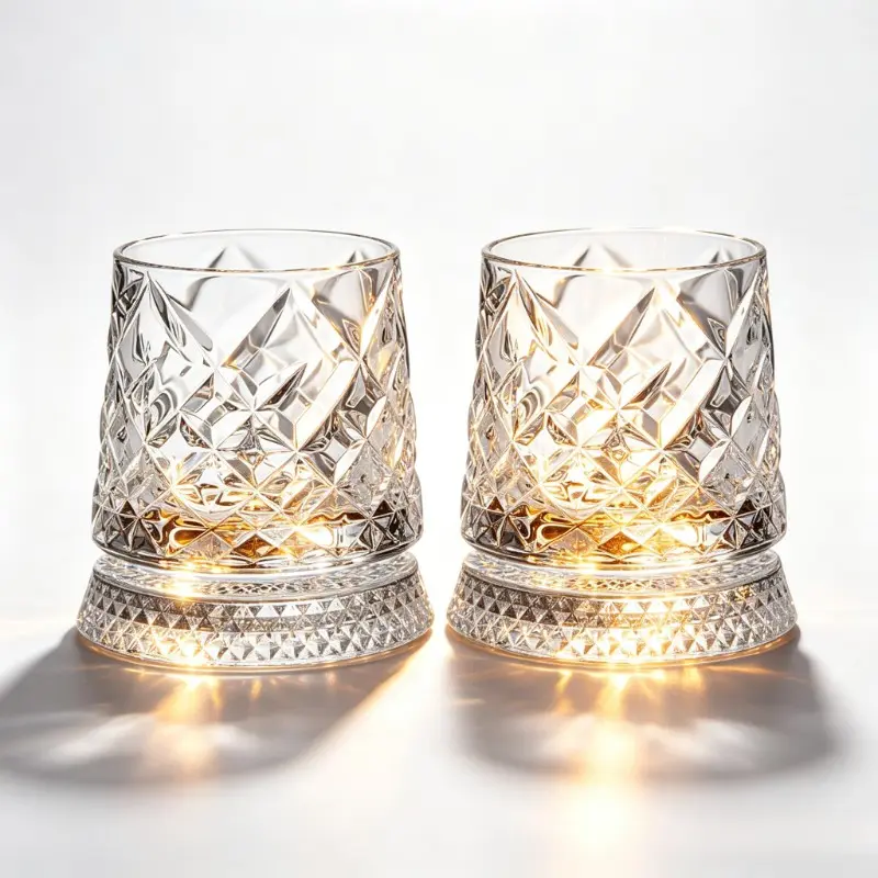 2pcs Luxury 360° Spinning Diamond-Cut Crystal Glass, Diamond Facet Stress Relief Whiskey & Wine Glass, Elegant European Barware Gift, Rotating Crystal Glass