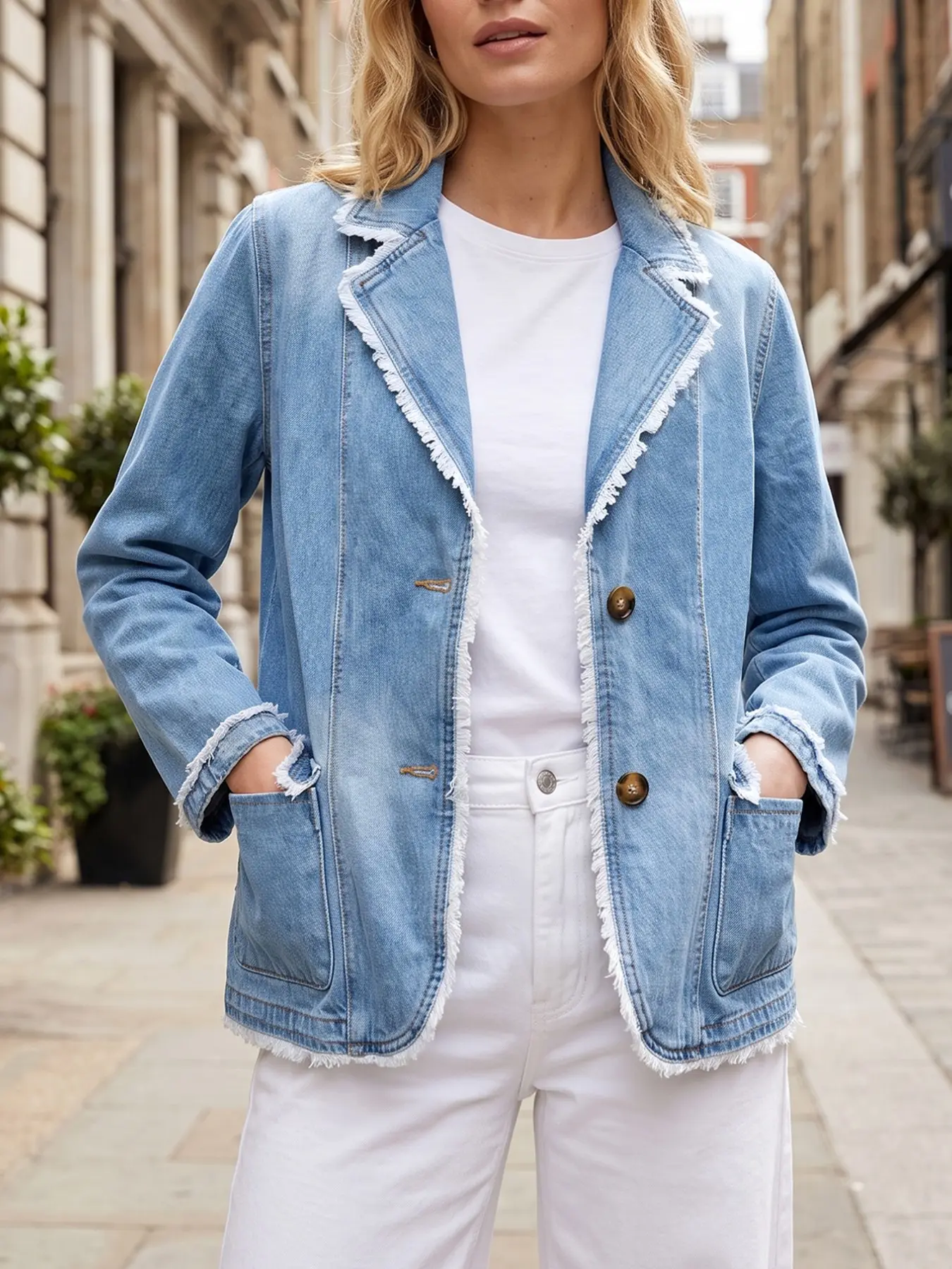 Women's Blazer Lapel Denim Jacket, Frayed Edge Tassels, Long Sleeve Front Button Pockets, Light Wash Casual Denim Blazer