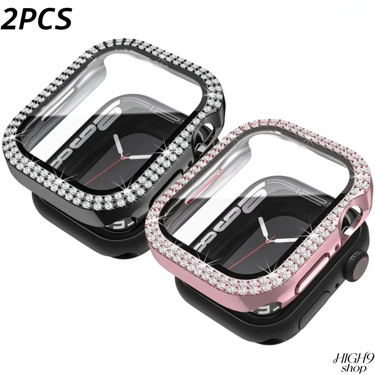 2 Pack Electroplated Double Row Rhinestone Integrated PC Protective Cases Built With Tempered Glass, Full Shockproof Coverage Smartwatch Protector Available In All Sizes, Stylish Decorative Wearable Accessory For Daily Use, Only The Protective Cases Inclu