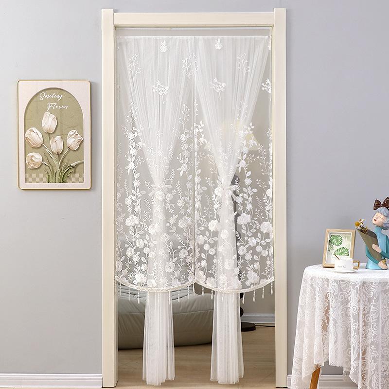 No Drill Sheer Door Curtain, Beaded Embroidery Privacy Curtain, Mosquito Net for Bedroom, Long Partition Curtain for Home Decor