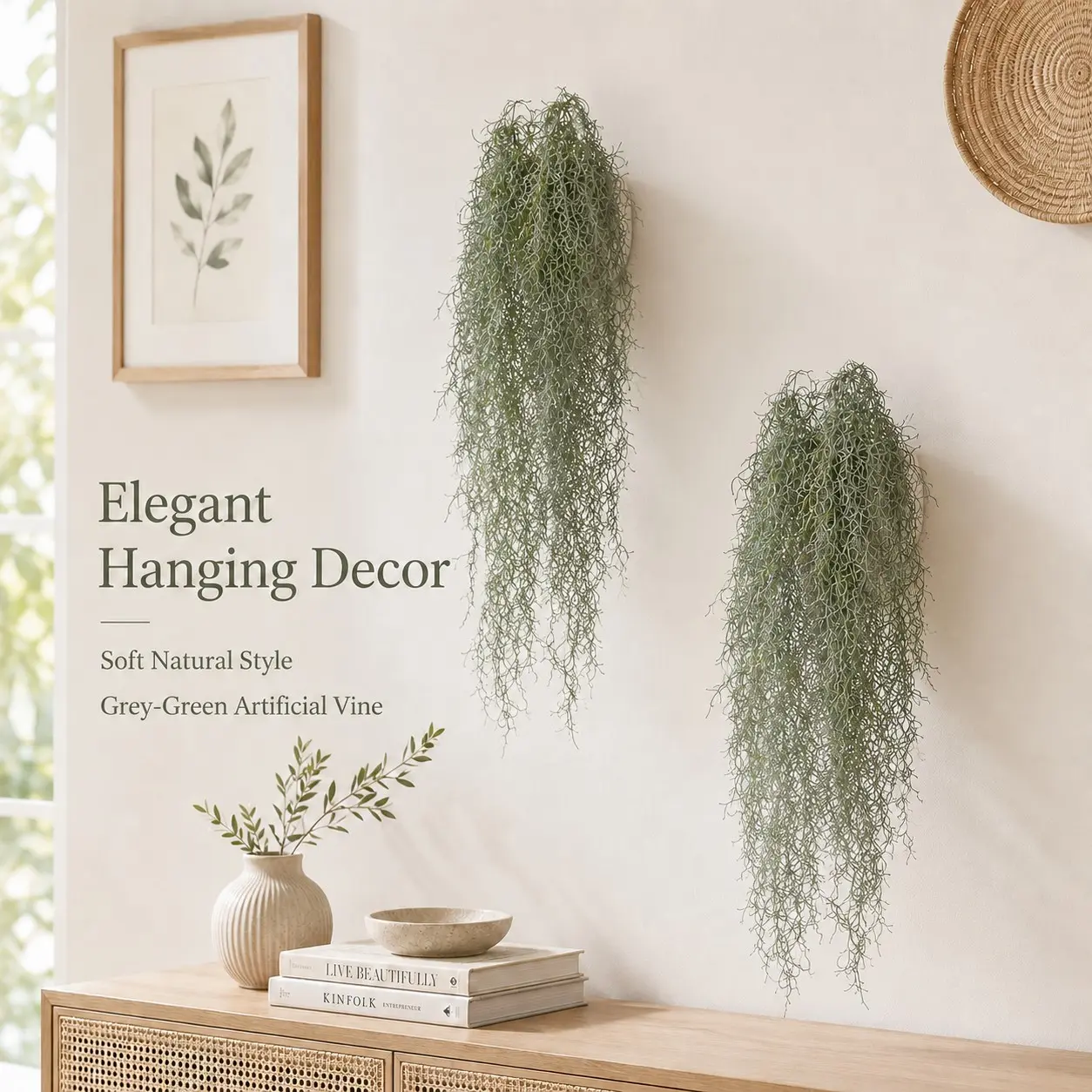 2pcs Artificial Spanish Moss Air Vines, Bohemian Style Hanging Greenery, Indoor Outdoor Wall Mount, Wedding Decor, Multi-Purpose Cuttable Fake Vine