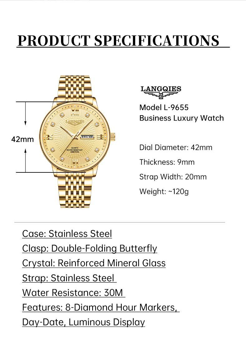 LANGQIES Elegant Multi-Function Men's Watch with Original Swiss Movement, featuring Dual Calendar, 42mm Dial, Sapphire Crystal, Stainless Steel Band, and Luminous Water-Resistant Design.