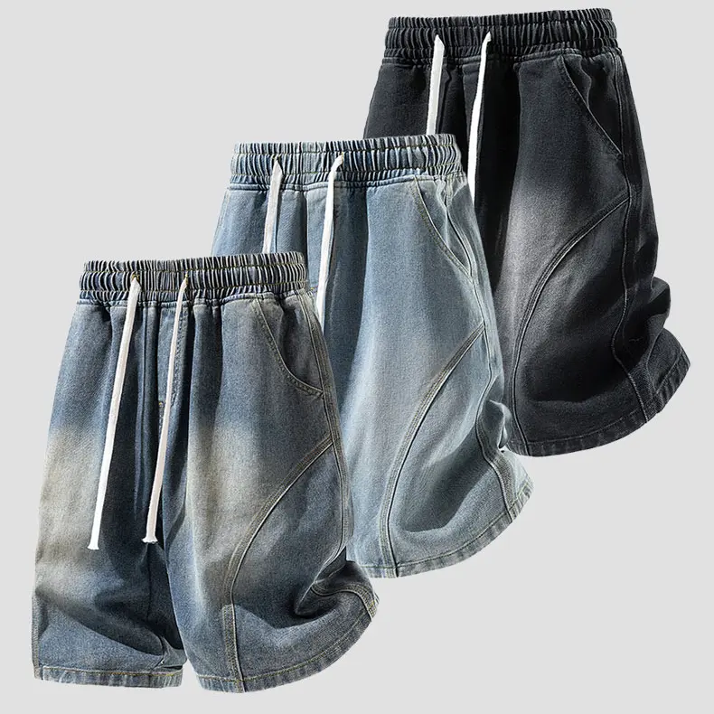 Men's Casual Baggy Denim Shorts, Vintage Distressed Knee-Length Cotton Blend Bottoms with Drawstring Mid Waist for Summer Street Style, Casual Wear, Elastic Drawcord, Oversized, Basic, Acid-Washed Distressed Men's Shorts, Loose