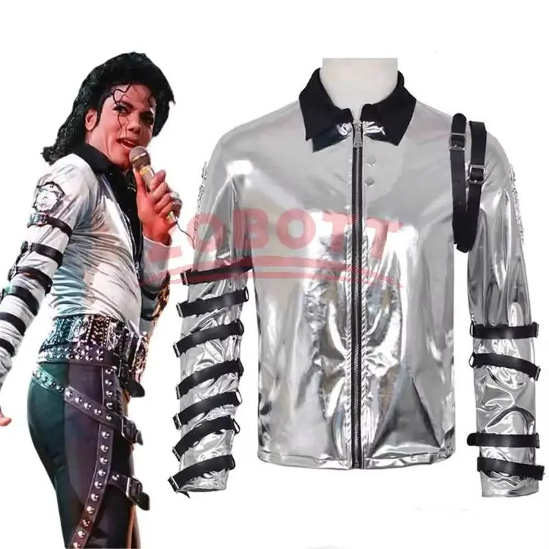 Men Pop Punk Michael Jackson Silver Zipper Coat Cosplay Costume Adult Halloween Masquerade Stage Performance Outfit