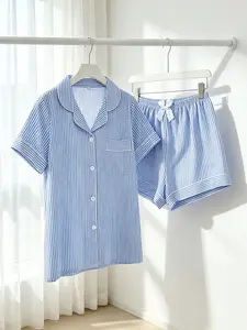 Women's Button-Down Short Sleeve Top & Shorts Pajama Set, Light Blue White Stripe, Spring Summer Wear, Relaxed Fit, French Lazy Aesthetic Loungewear for Home & Short Trips