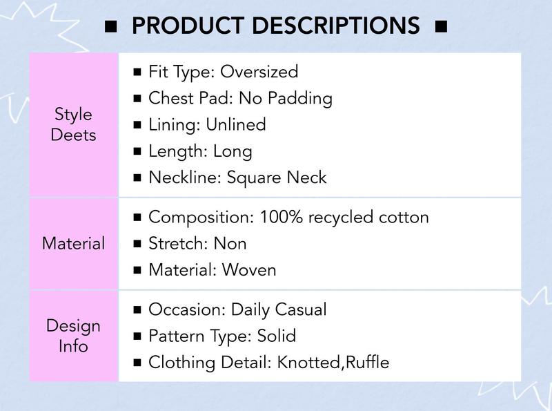 Cider 100% Recycled Cotton Square Neck Solid Ruffle Knotted Short Oversize Sleeve Blouse