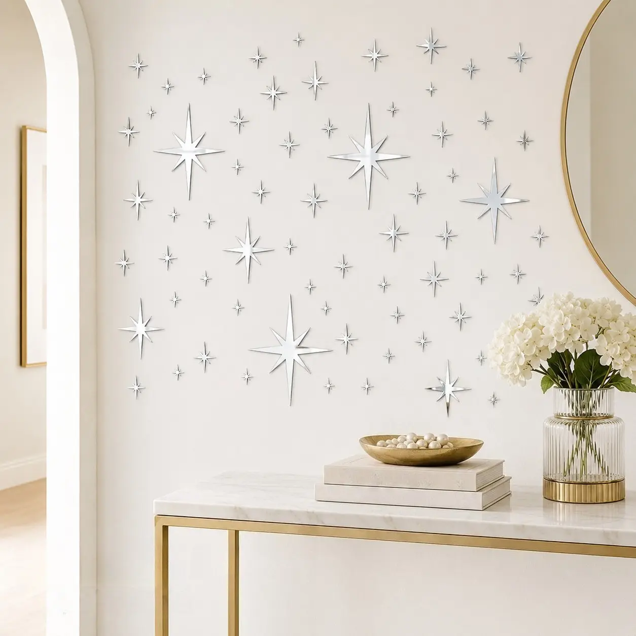 82PCS Silver Mirror Wall Stickers, Acrylic Reflective Star Decals in 5 Sizes, Removable DIY Wall Decor for Kids Room, Bedroom, Living Room, Nursery and Home Office