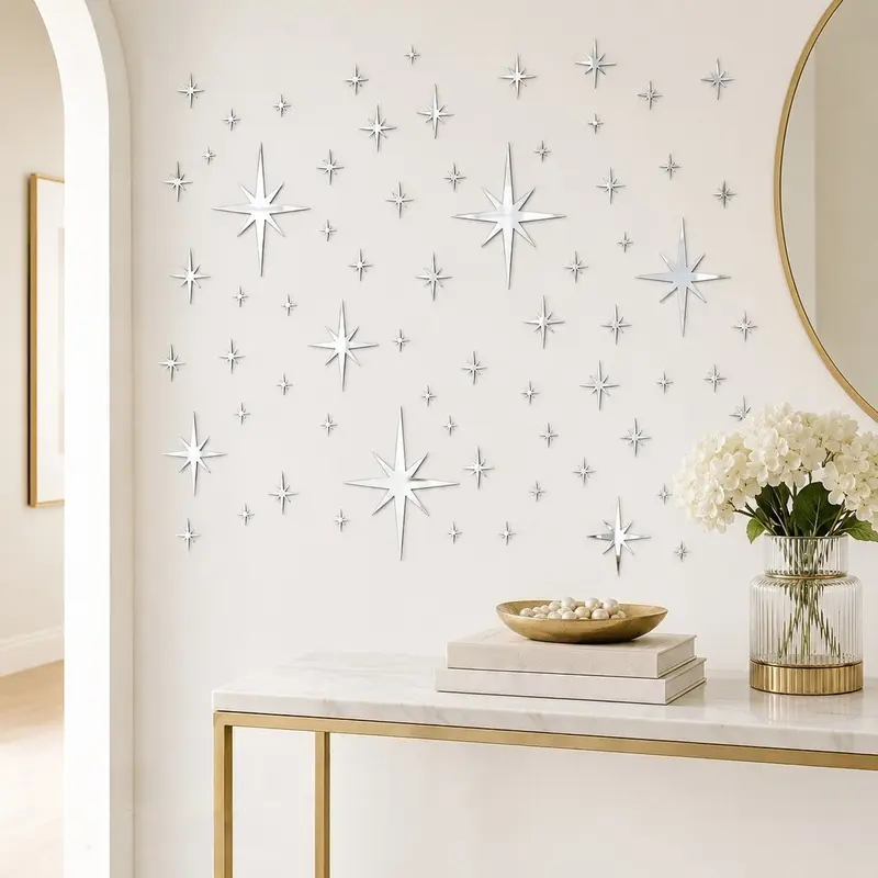 82PCS Silver Mirror Wall Stickers, Acrylic Reflective Star Decals in 5 Sizes, Removable DIY Cute Wall Decor for Kids Room, Bedroom, Living Room, Nursery and Home Office, DIY Decorative Stickers