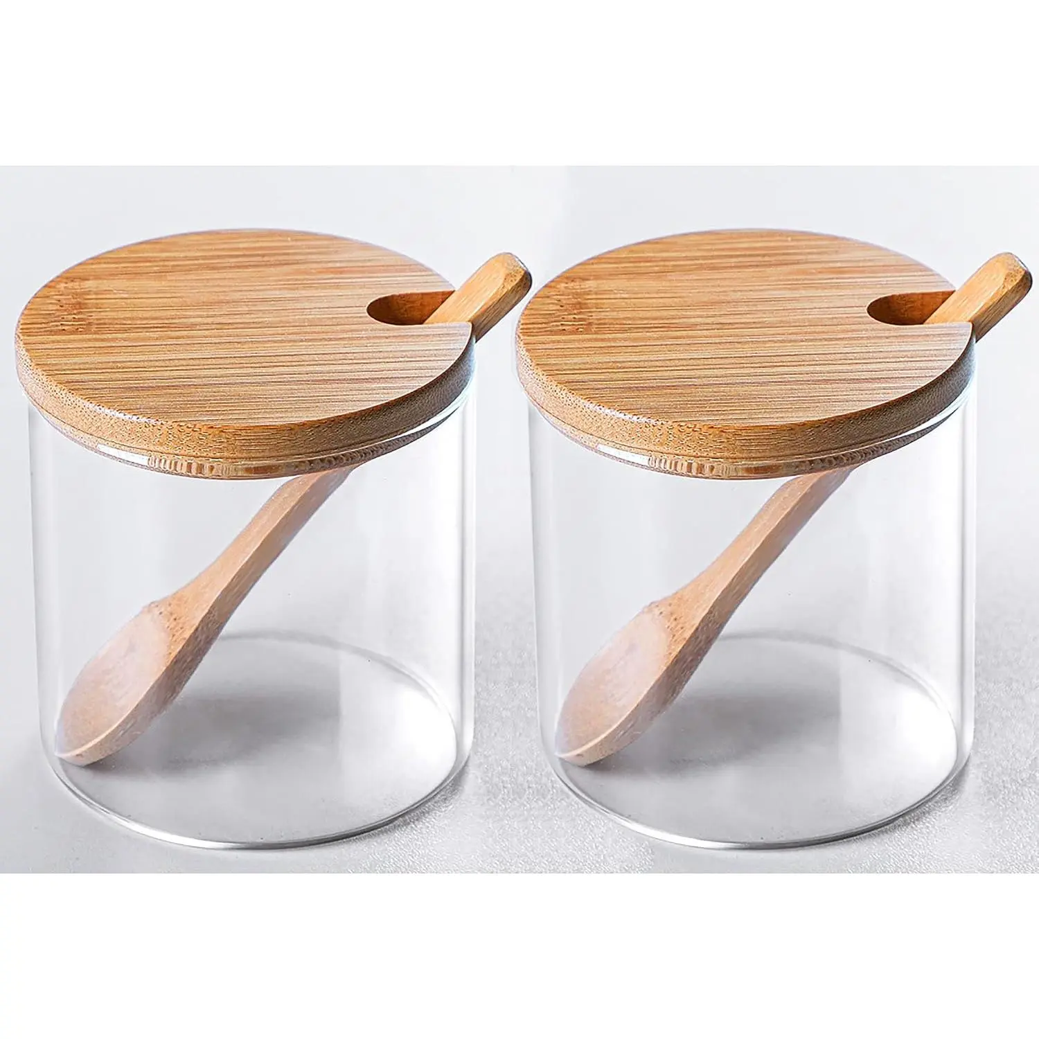 Glass Condiment Canister Pots Set, Salt Sugar  Storage, 10oz, 2 count | Simple Stylish Seasoning Container Set of 2, with  Lid and Spoon, for  Kitchen Countertop Coffee Bar