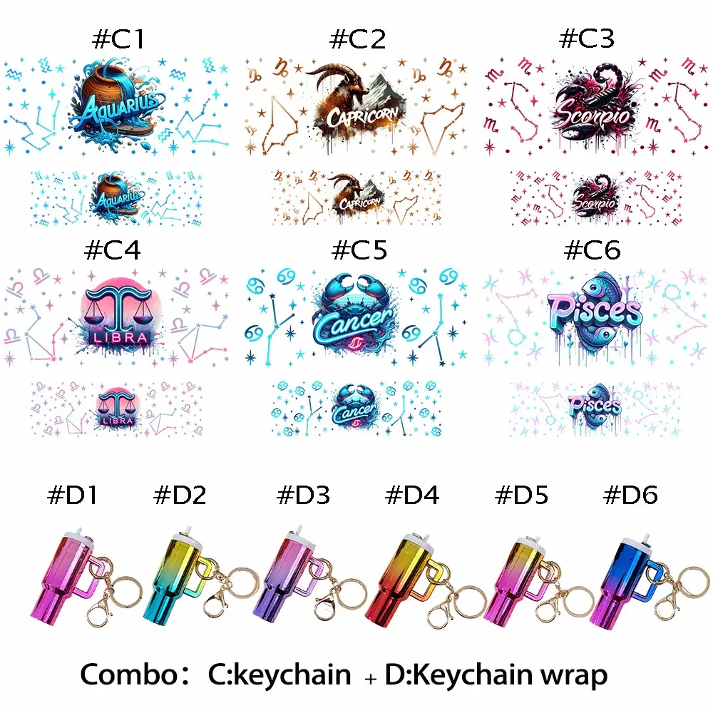 12-In-1 DIY Craft Kit, 6 Gradient Mini Cup Keychains + 6 UV DTF Zodiac Stickers, Self Adhesive, Holiday Gifts, Creative Customization