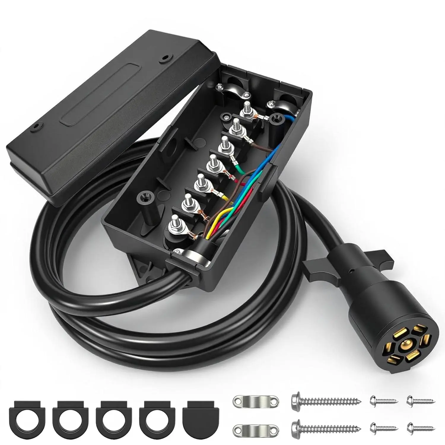 7 Pin Trailer Wiring Harness Kit with 6FT Heavy Duty 7 Way Plug Inline Trailer Cord and Waterproof 7 Way Trailer Junction Box for RV, Truck, and Camper