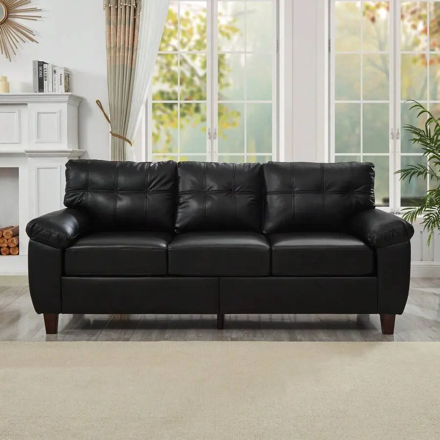 Rhomtree 79" Three Seater Sofa Modern Design Faux Leather Couch, Living Room Sofa With Storage, Big Armrest Sofa, Upholstered Breathable PU Leather Sofa