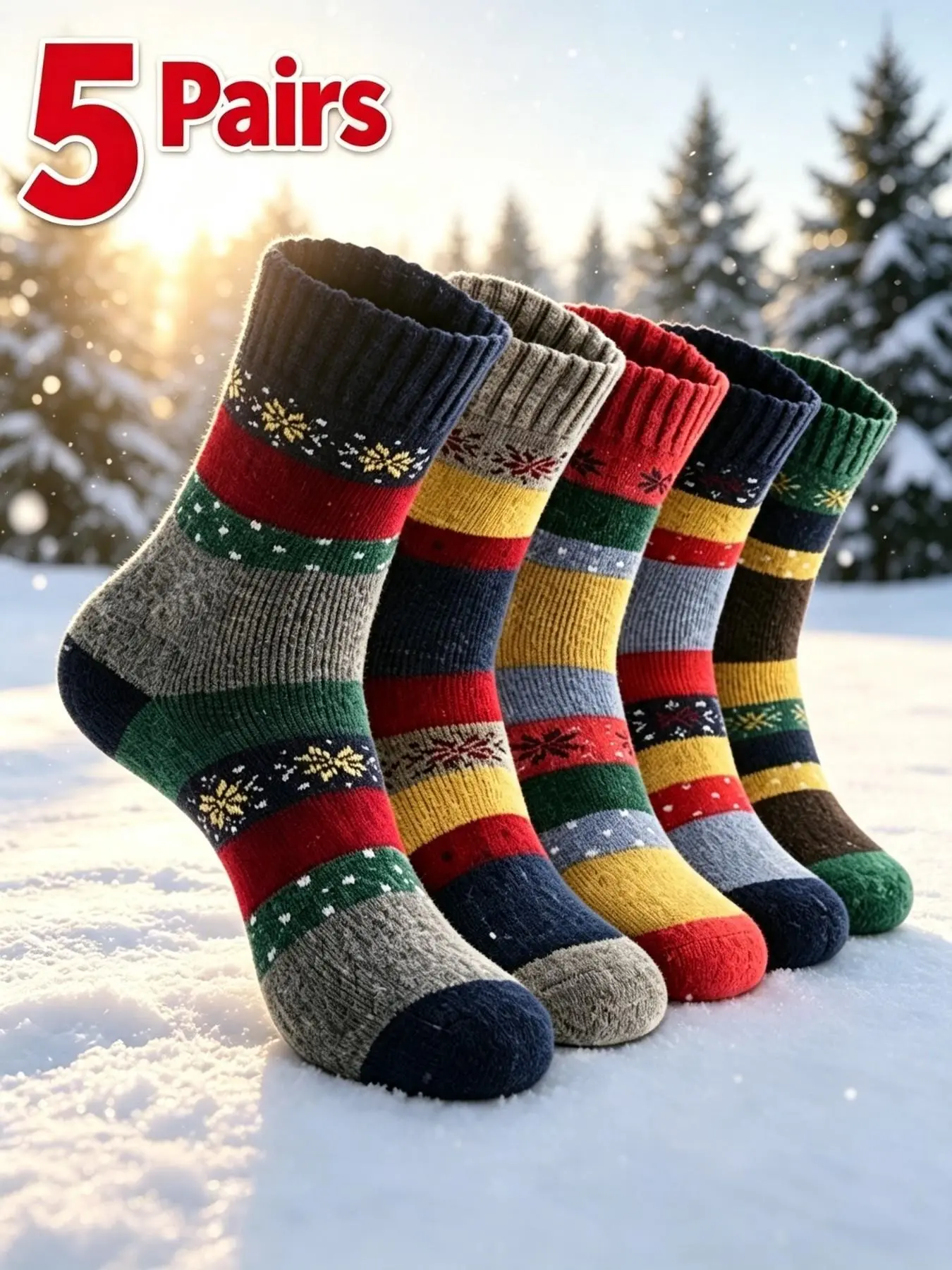 5 Pairs Women's Retro Colorblock Snowflake Crew Socks, Multicolor Striped Floral Knit Sports Socks, Soft Comfortable Winter Socks