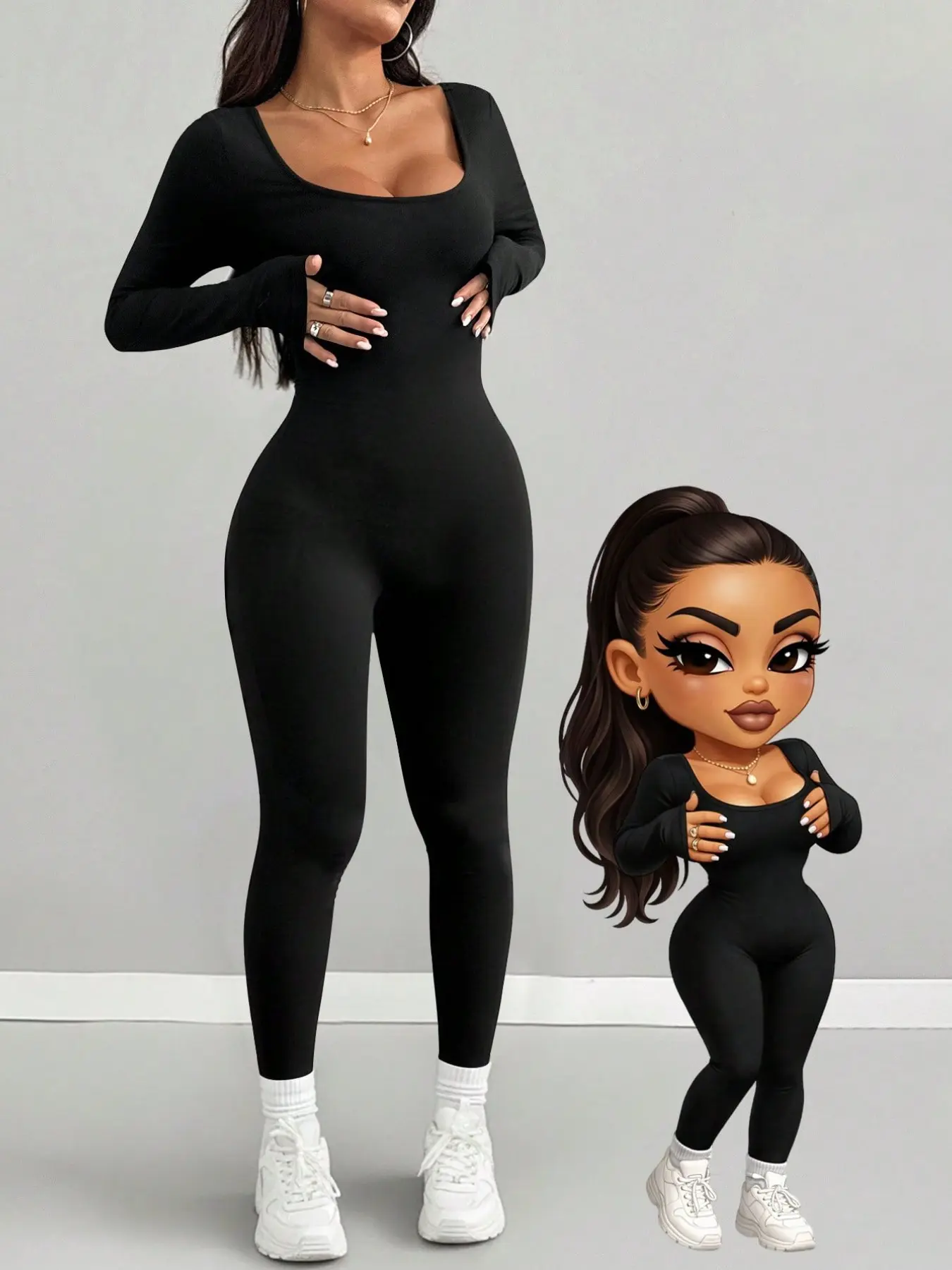 Women's One-Piece Pants, U-Neck Solid Color, Fashionable and Comfortable, Elastic Knit Long Sleeve, Perfect for Outdoor Activities