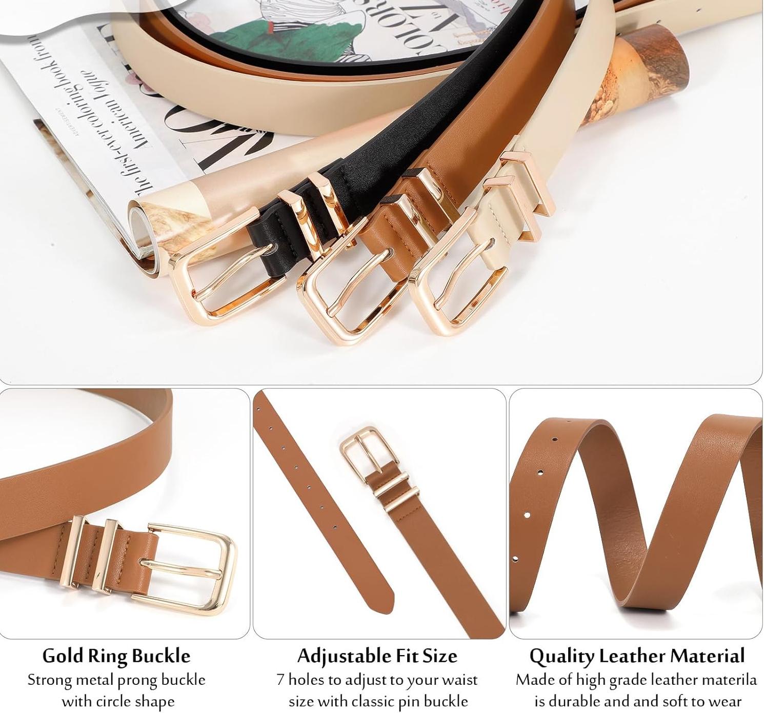 3 Pack Women Belts Ladies Leather Waist Belt For Jeans Dresses Pants  with Gold Buckle