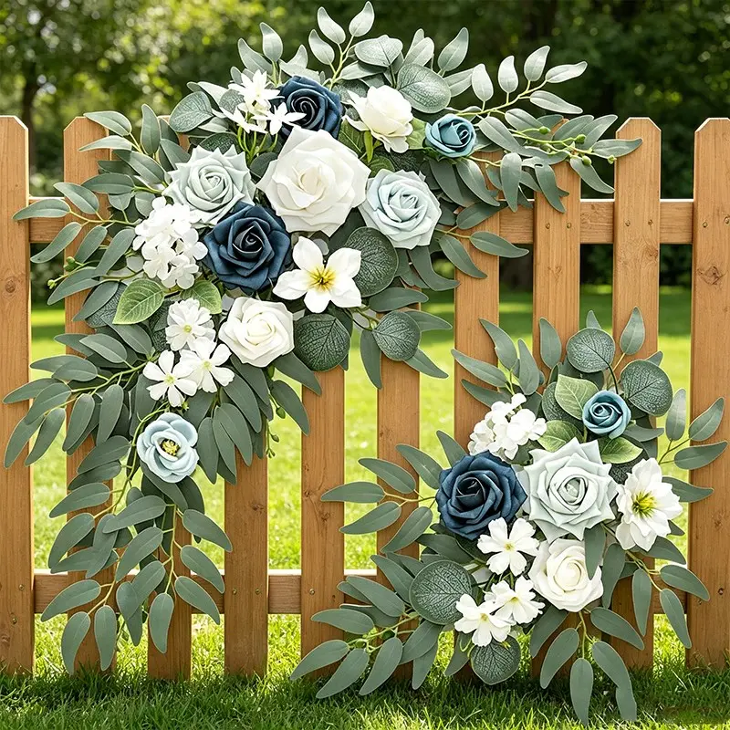 2 Piece Blue Artificial Rose Eucalyptus Bouquet, Morandi Style Arch Decoration Flowers, Faux Flower Decorations, Fake Flowers, Decorative Flower Bouquet, Wedding Welcome Sign Background Floral Arrangement