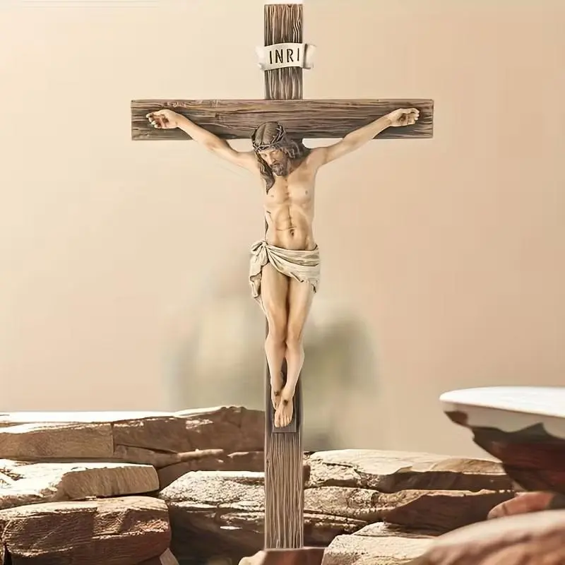 Vintage Jesus Christ Resin Cross Pendant, Religious Wall Decor for Christmas Easter, Home Church Prayer Room, Catholic Blessing Gift