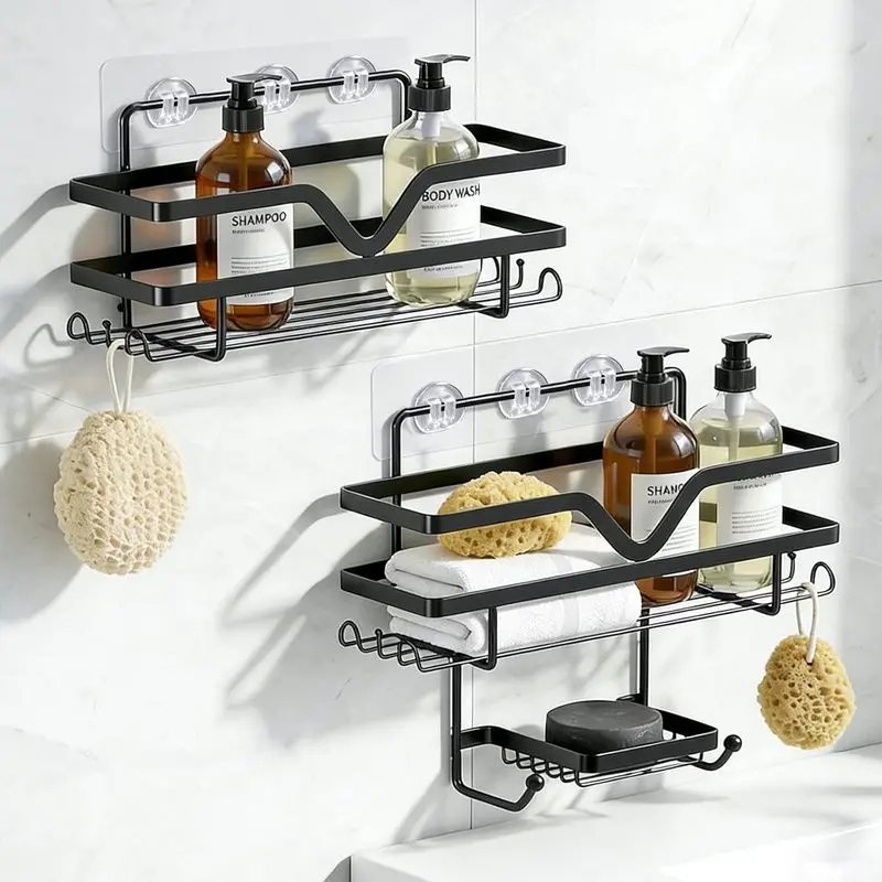 3 Pieces Waterproof Solid Adhesive Shower Caddy, No-Drilling Functional Bathroom Organizer Rack with Soap Dish, Side Hooks & Large Capacity Self-Adhesive Shelf