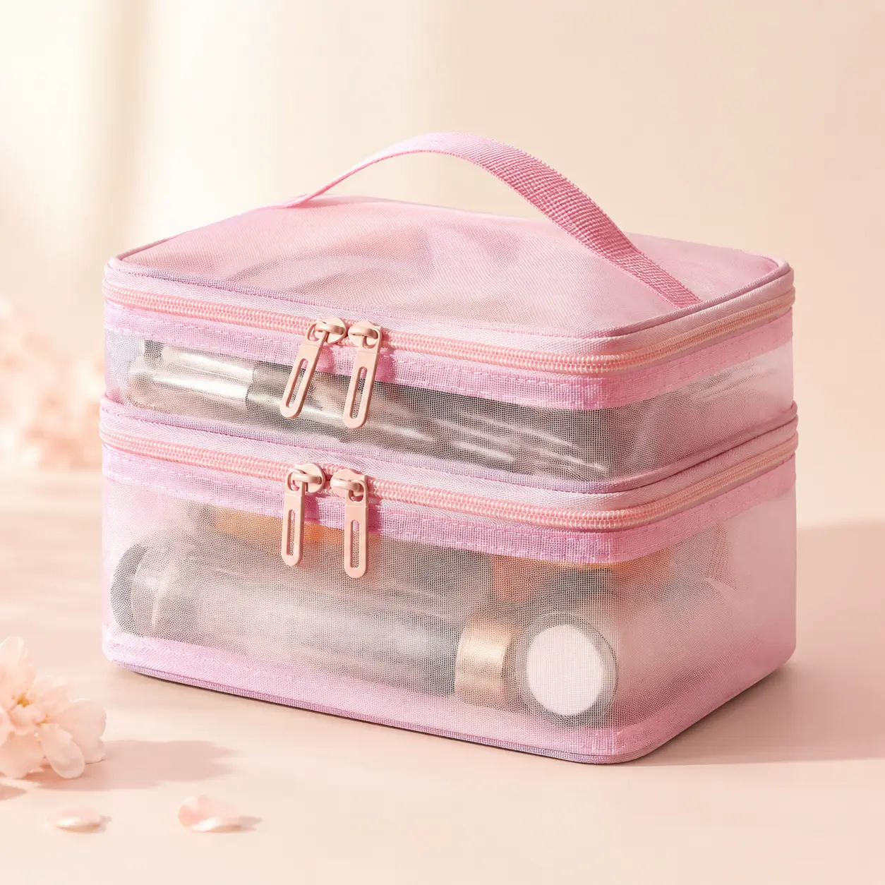 Double Layer Mesh Makeup Bag with Hand Strap, Portable Transparent Cosmetic Organizer Case, Waterproof Travel Toiletry Bag for Skincare, Brushes & Makeup Accessories Storage