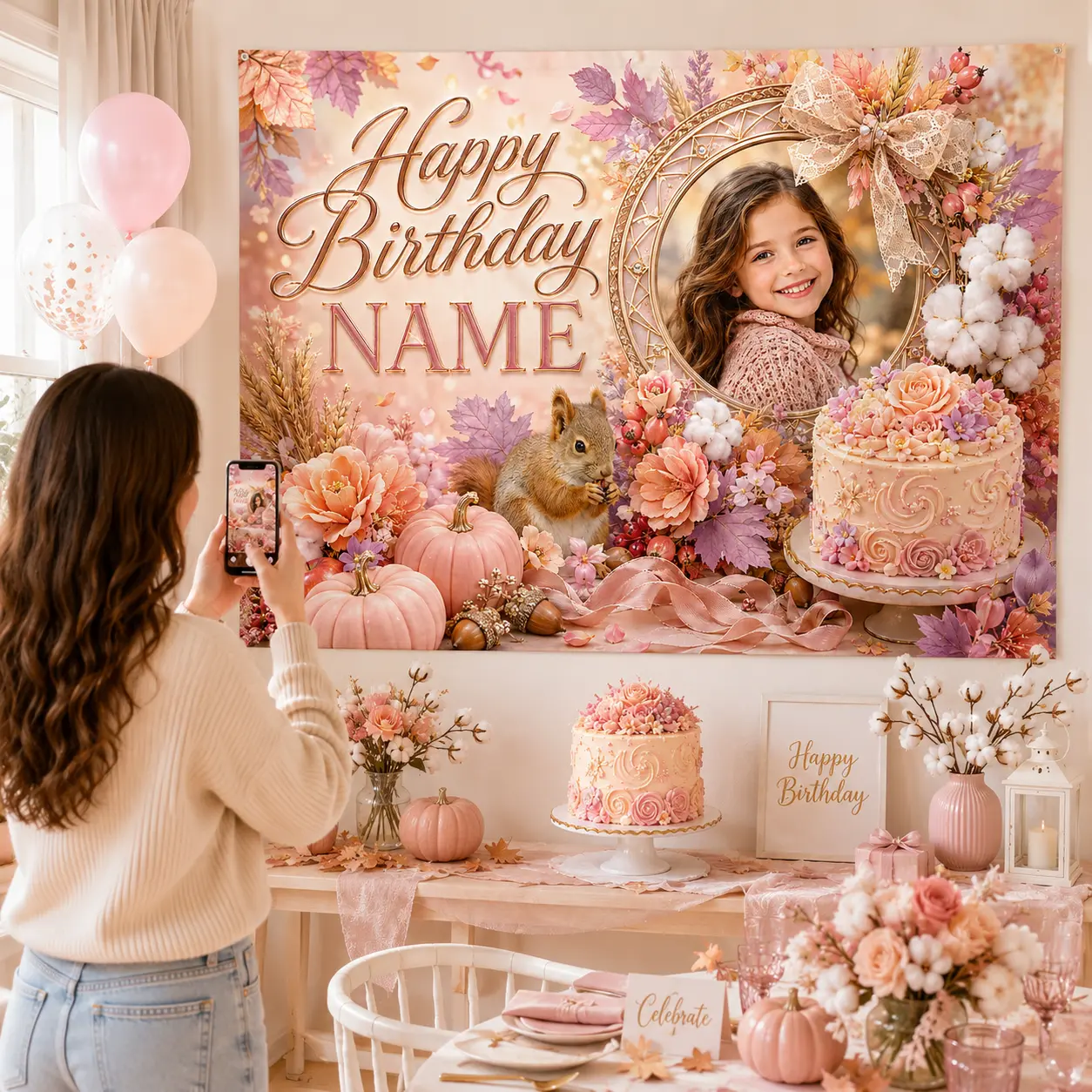 Round Personalized Blush Fall Birthday Backdrop - Custom with Photo and Name, Pumpkins, Squirrel, Cotton Flowers, Floral Cake Decor (Festive & Party Supplies), Room Decor