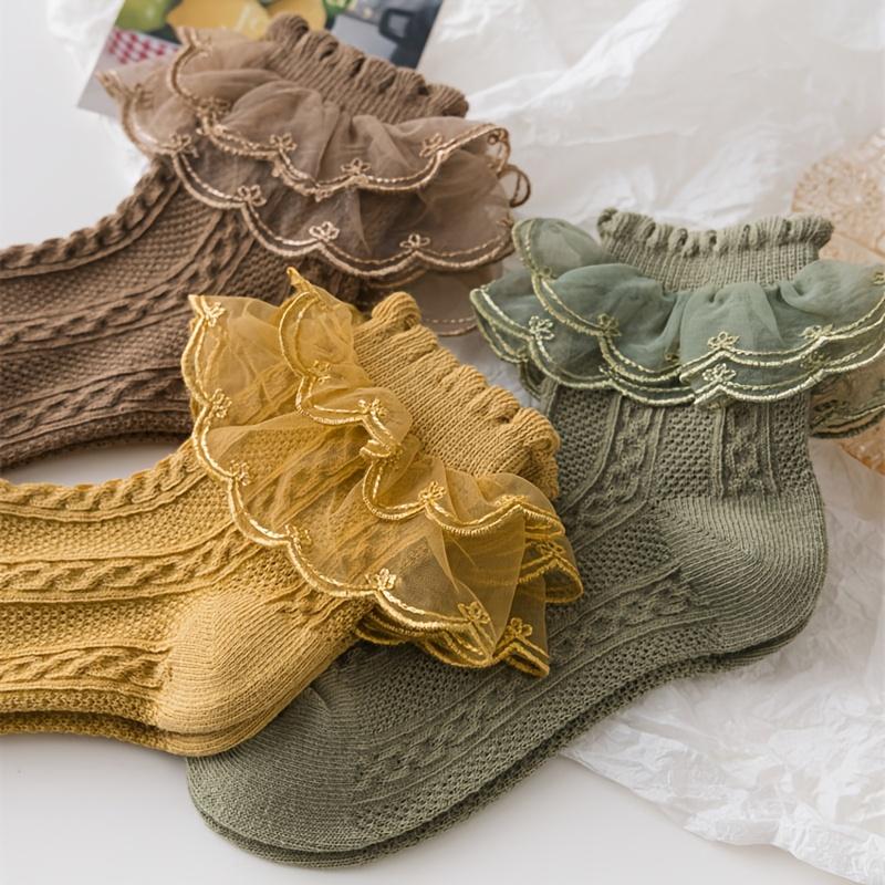 (New)New[Breathable Lace Socks] 5 Pairs Breathable Girls' Lace Ruffle Socks |               Polyester Blend, Comfortable, All-Season White Princess Socks for Dancing, Hand Wash Only, Dancing Socks |               Ruffle Detail Socks |               Knit T