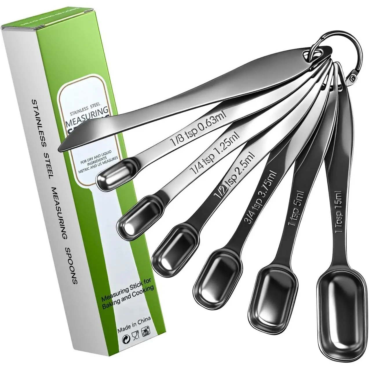 Set of 7 Metal Measuring Spoons, 18/8 Stainless Steel, Long Handle Teaspoon, Tablespoon, Narrow Measuring Spoon with Leveler for Spices,  and Coffee, Kitchen Utensils for Cooking