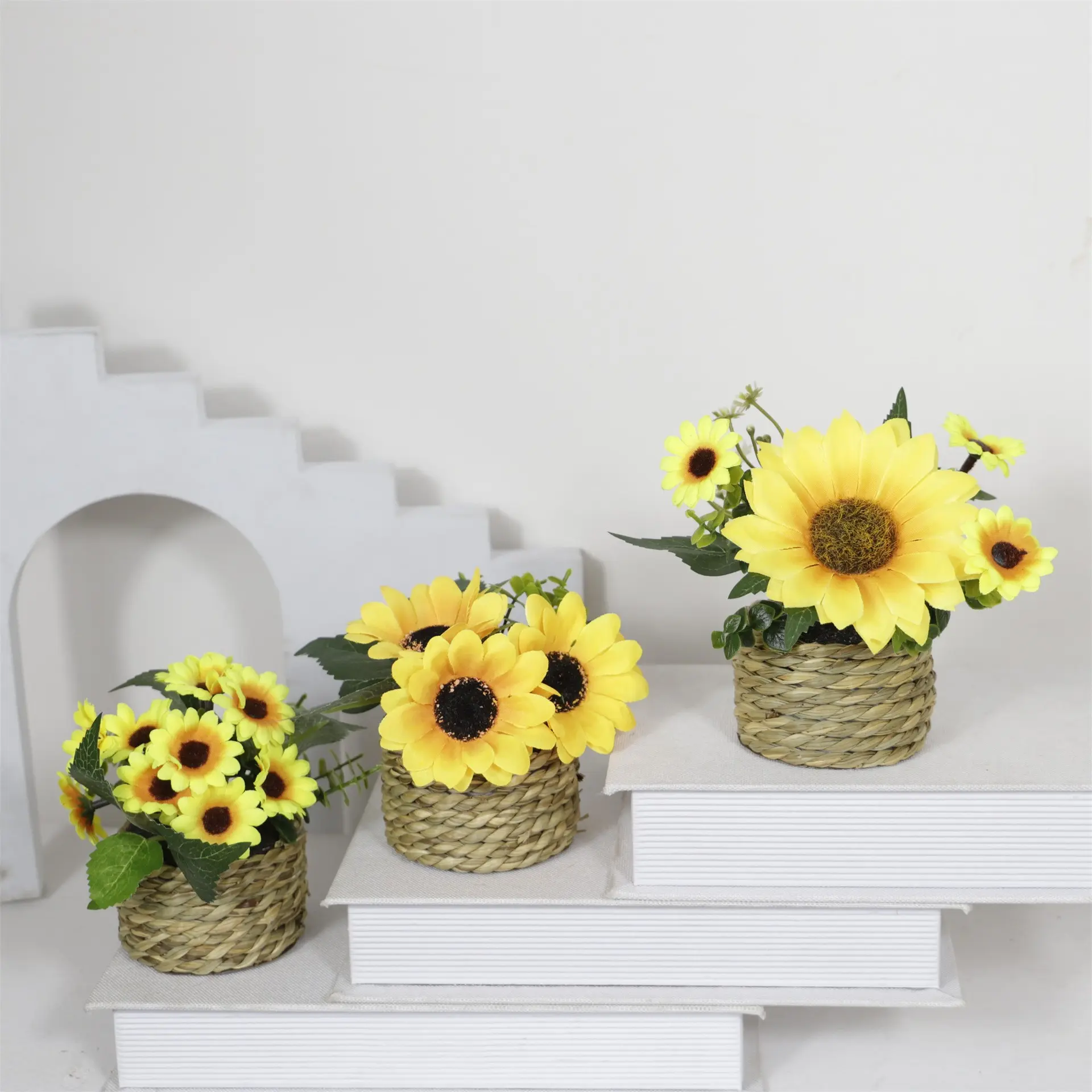 Woven Flower Pot Artificial Sunflower Set 3 Pieces, Spring Summer Home Decor, Realistic Sunflower Desktop Ornament