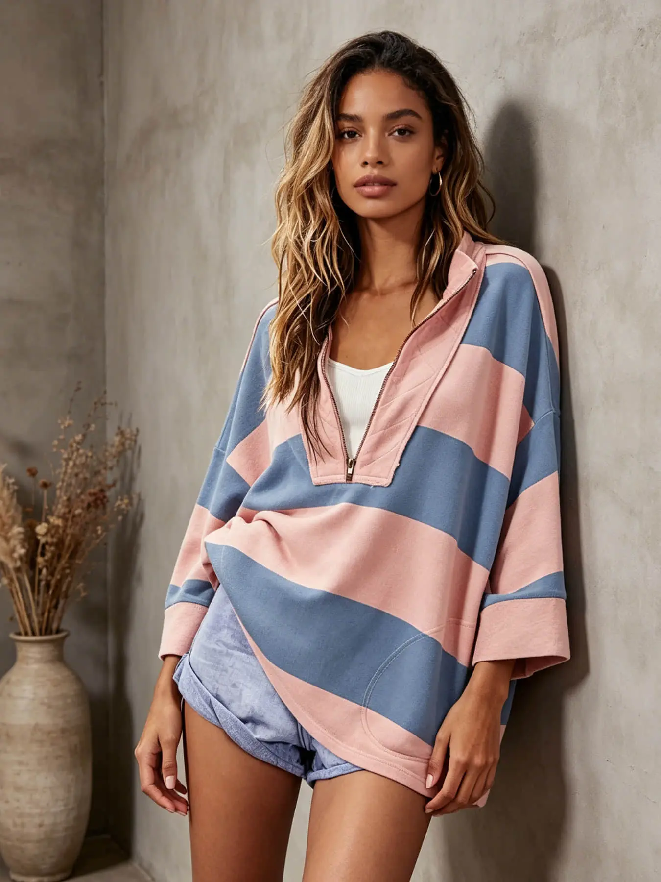 A women's casual style color blocked large striped seven quarter sleeve hoodie sweatshirts, Casual pullovers, Color Block Pullover with half zipper loose top, suitable for summer, light sports, home leisure, dating