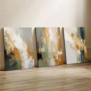 Three-piece modern abstract sage green and gold wall decor painting - Solid wood framed canvas, sage green landscape print with hook for installation, suitable for living room - Waterproof wall art, ideal for home, dorm, office - Elegant gift art piece